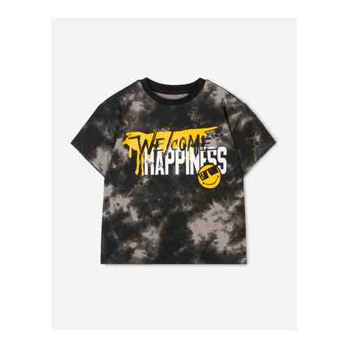 Черная футболка oversize с принтом Welcome happiness для мальчика арт. BKT009208-1