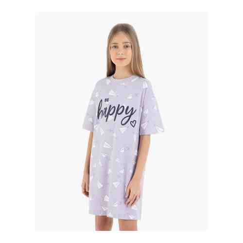 Фиолетовая ночная сорочка oversize с принтом Be happy для девочки арт. GSL000234-1