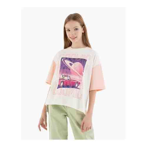 Молочная футболка oversize с принтом Cosmic для девочки арт. GKT015630-1