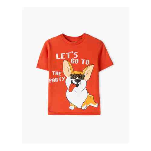 Оранжевая футболка с корги и надписью Let`s go to the party для мальчика арт. BKT009105-1